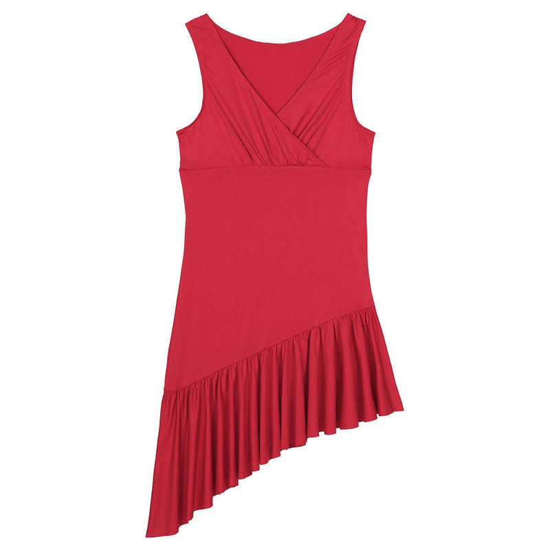 [AUSTRALIA] - TiaoBug Women's Latin Dance Dress Sleeveless V-Neck Ruffled Asymmetric Dancing Costume Red X-Large 