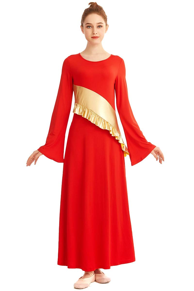 [AUSTRALIA] - MYRISAM Women Metallic Gold Liturgical Praise Worship Long Sleeve Dress Full Length Loose Fit Ruffle Pleated Dancewear Red Medium 