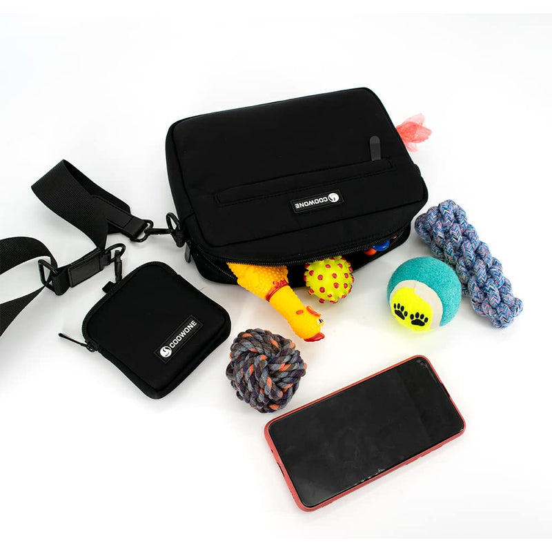 COOWONE Dog Training Treat Pouch for Treats, Kibbles, Toys, Fanny Pack with Small Pouch, Cross-Body Bag Built in Poop Bag Dispenser, Pet Food Carrier Bag Outdoor Travel Shoulder Bag Black - BeesActive Australia