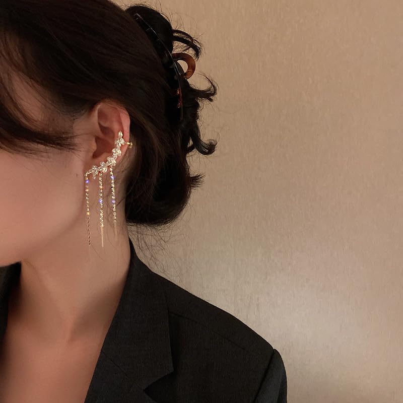 Tassel Ear Cuff Earrings for Women - Rhinestone Copper Ear Clip - BeesActive Australia