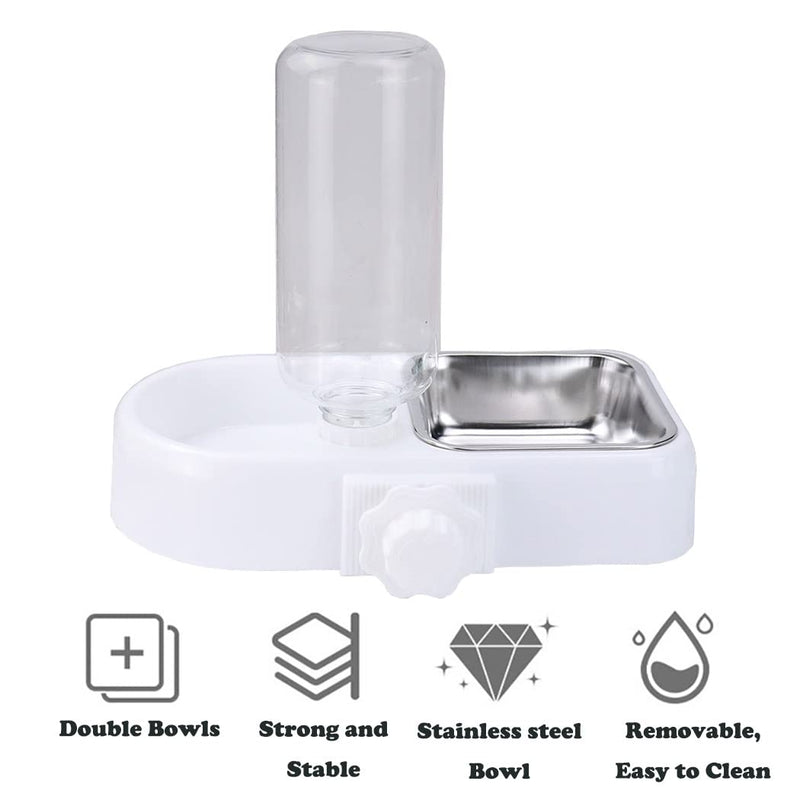 Crate Dog Cat Bowls, Dog Water and Food Bowl Set with Detachable Stainless Steel Bowl and Automatic Water Dispenser Bottle, Hanging Pet Cage Kennel Food Water Feeder Bowls for Puppy Cat Rabbite Birds White - BeesActive Australia