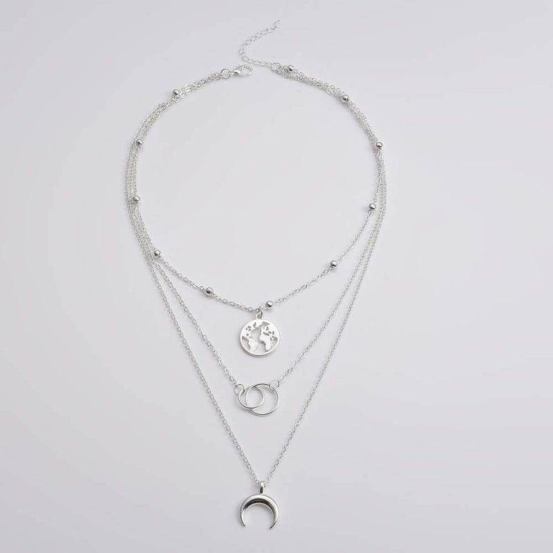 TseanYi Boho Layered Necklace Chain Silver Circle Moon Map Pendant Necklace Choker Eternal Karma Clavicle Necklace Jewelry for Women and Girls (Silver) - BeesActive Australia