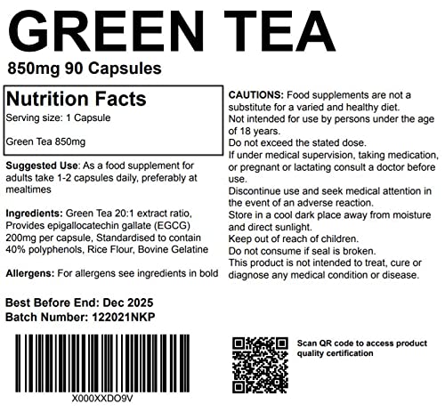 Green Tea Extract 90 Capsules 850mg High Strength Capsules Powerful Antioxidant UK Made. Pharmaceutical Grade - BeesActive Australia