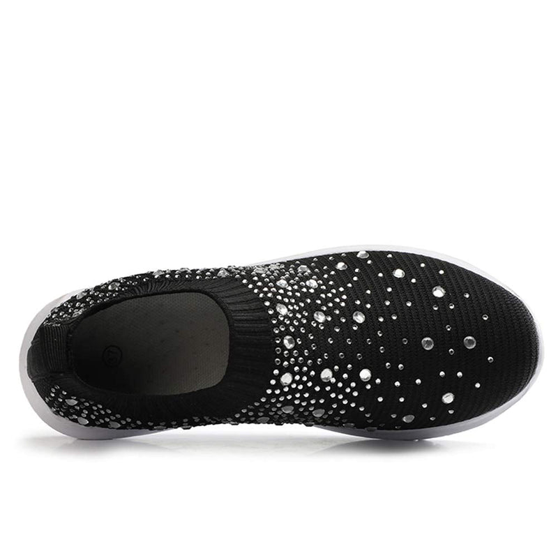 GOSPT Women's Mesh Walking Shoes Rhinestone Glitter Slip On Ballroom Jazz Latin Dance Sock Sneakers 5 Black - BeesActive Australia