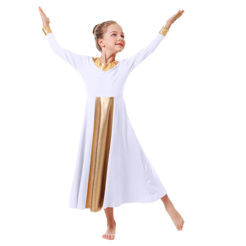 [AUSTRALIA] - OwlFay Kid Girls Metallic Gold V-Neck Long Sleeve Praise Dance Dresses Loose Fit Full Length Liturgical Lyrical Worship Skirt 3-4T White + Gold 