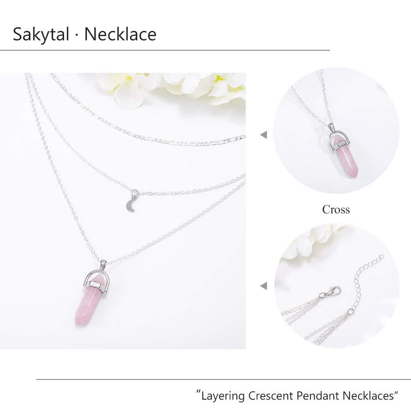 Sakytal Boho Layered Necklace Silver Moon Crystal Pendant Necklaces Chain Jewelry Adjustable for Women and Girls - BeesActive Australia