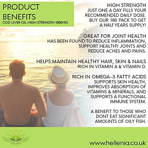 Hellenia Cod Liver Oil Capsules High Strength 1000mg | 180 Fish Oil Capsules - 6 Month Supply | Rich Source of Omega 3 Essential Fatty Acids - BeesActive Australia