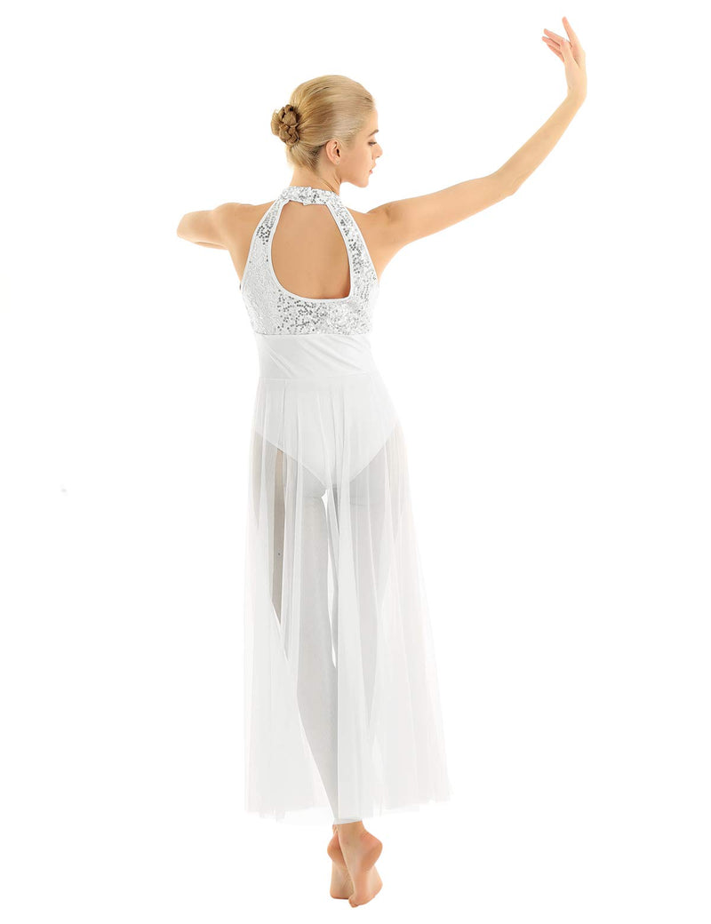 [AUSTRALIA] - inhzoy Women's Elegant Glittery Sequins Halter Sleeveless Ballet Dance Dress Tulle Skirted Leotard White Medium 