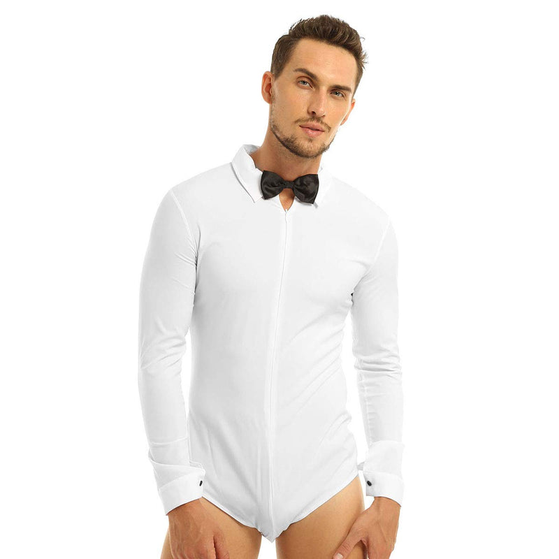 [AUSTRALIA] - ranrann Men's Long Sleeve Zipper Front Shirts Latin Modern Dance Romper Leotard Tops Bodysuit White Medium 