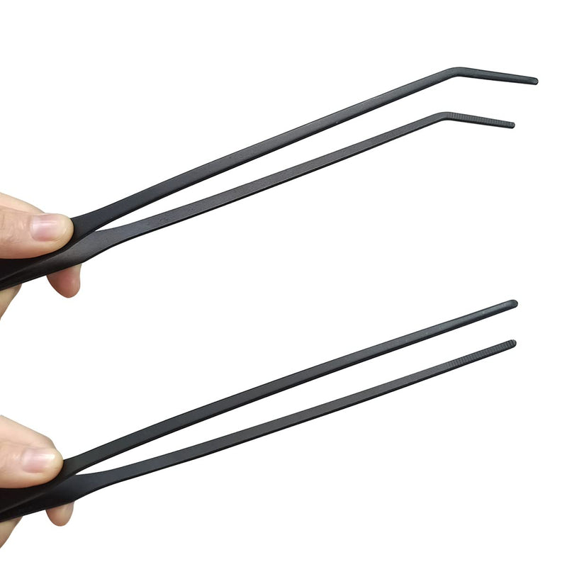 2 Pcs Feeding Tongs, Aquarium Tweezers Stainless Steel Straight and Curved Tweezers Set 27cm/10.6 inches Aquascaping Tools for Hold Worms, Reptiles, Lizards, Bearded Dragon (Black) - BeesActive Australia