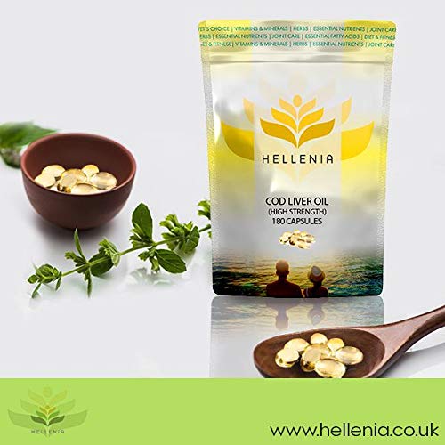 Hellenia Cod Liver Oil Capsules High Strength 1000mg | 180 Fish Oil Capsules - 6 Month Supply | Rich Source of Omega 3 Essential Fatty Acids - BeesActive Australia