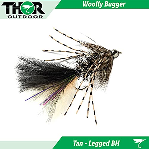 Thor Outdoor BH Woolly Bugger Streamer Fly Fishing Set – Wet Flies for Trout, Panfish, and Bass Fire Tiger-L, Black, Tan-L - Size #10 - BeesActive Australia