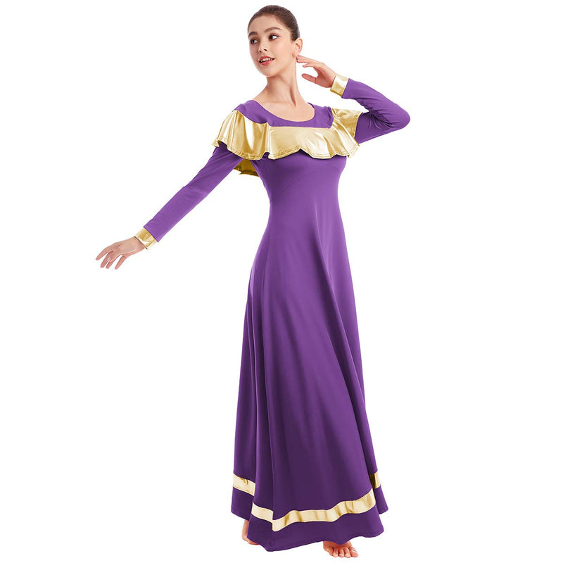 [AUSTRALIA] - IBAKOM Womens Praise Liturgical Worship Dance Dress Ruffle Metallic Gold Color Block Loose Fit Full Length Dancewear Purple+gold XX-Large 