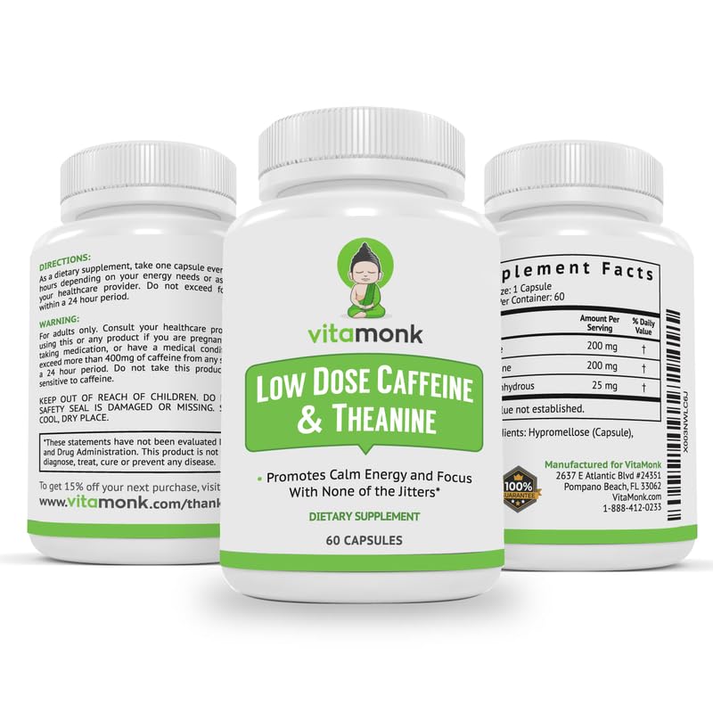 VitaMonk Low Dose Caffeine and Theanine - L Theanine Caffeine Pills - Microdose of L-theanine Caffeine Capsules - Time Release Caffeine Supplements - Caffeine L Theanine Pills - No Jitters - 60 Caps - BeesActive Australia