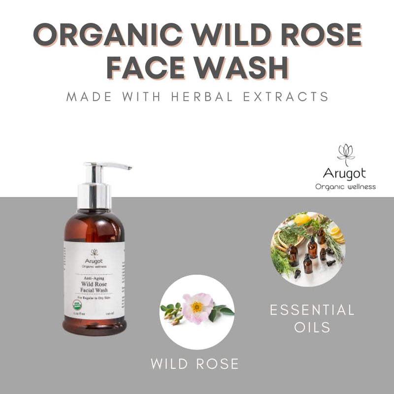 Arugot Organic (USDA Certified) Wild Rose Face Wash, Made in Israel | Anti-Aging Intense Hydration & Moisture - Facial Cleanser for Age Spots, Dark Circles & Fine Lines - Makeup Remover, Made in Israel - 5.1 FL Oz / 150 Ml - BeesActive Australia