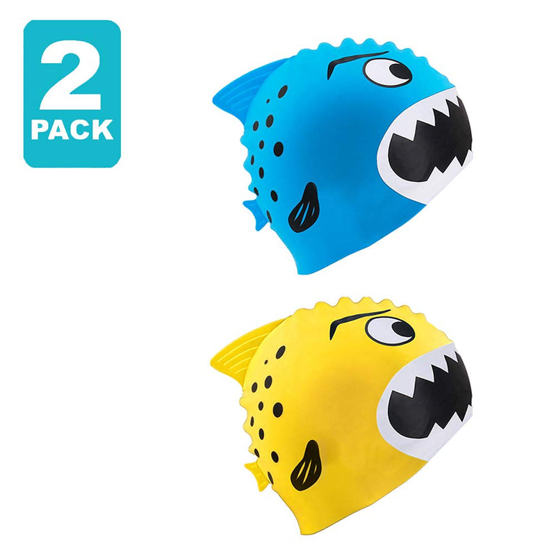 Swim Cap Kids-2 Pack Silicone Fun Swim Caps for Girls and Boys, Kids Swimming Hats with Cartoon Sharks & Minnows Design Pattern B - BeesActive Australia