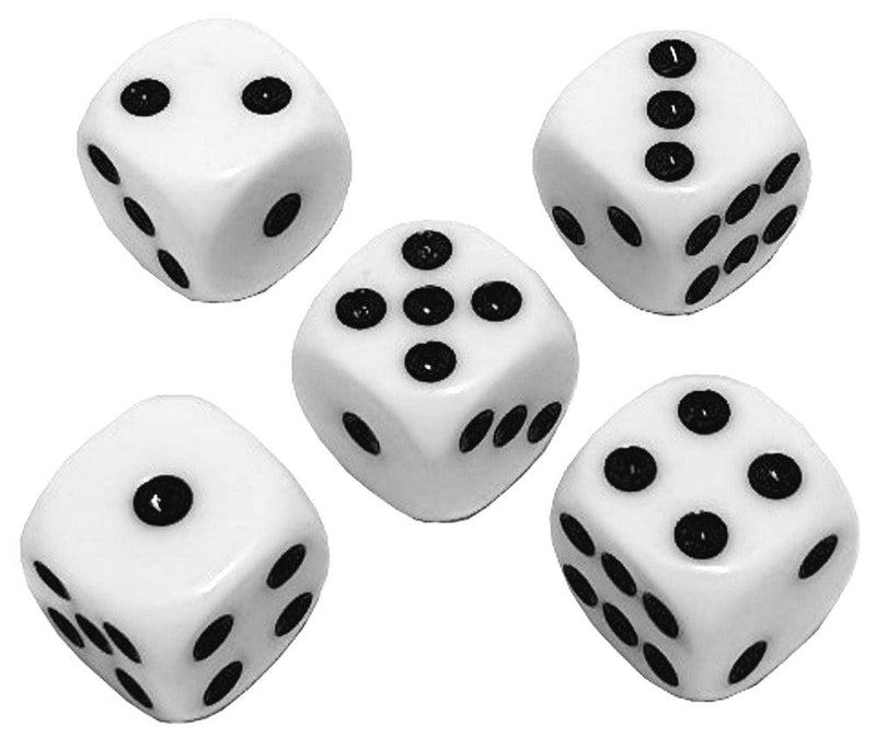 Set of 16mm Poker Dice and Black PU Leather Red Felt Lined Dice Cup with Storage Compartment (Gift Boxed) Pip/Dot Dice (Rounded Corners) - White - BeesActive Australia