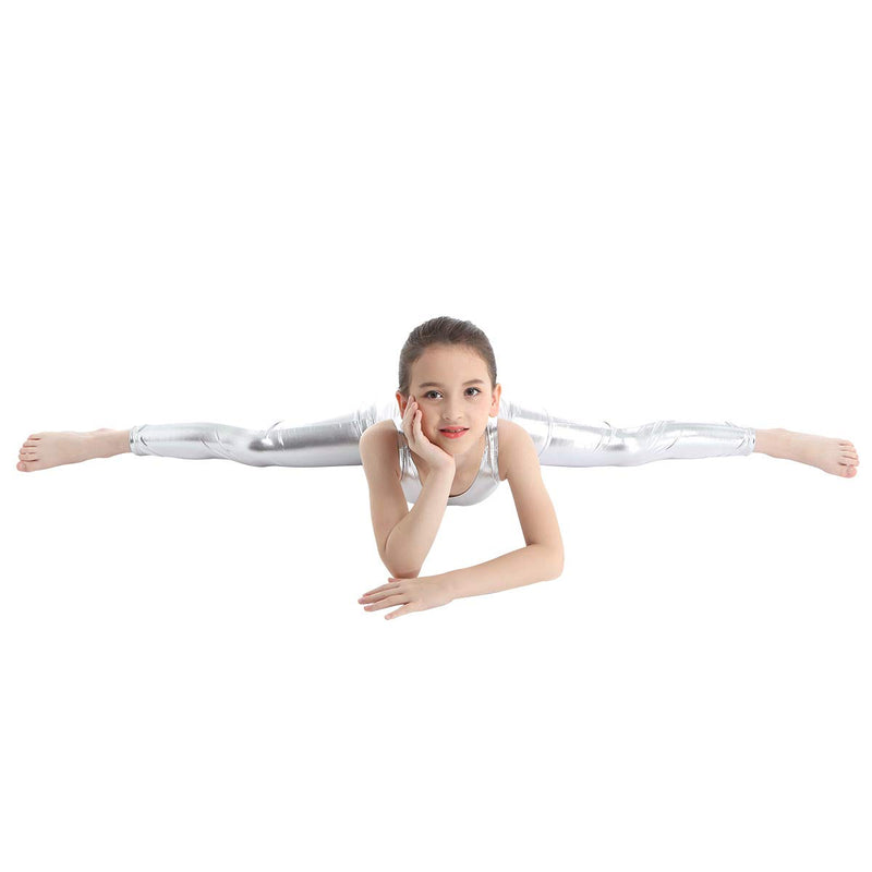 [AUSTRALIA] - TiaoBug Kid's Metallic Sleeveless Long Sleeve Full Body Gymnastics Unitard Foil Costumes Lycra Spandex Tank Bodysuit Silver 8-10 