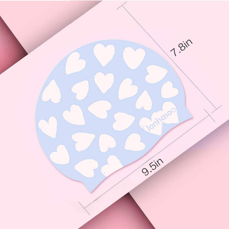 Jonhasoo Silicone Swim Cap for Women Swimming Caps with Cute Heart Printed Light blue - BeesActive Australia