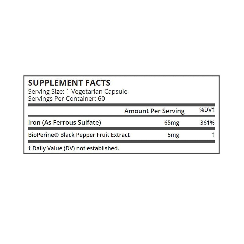 Pure Science Iron (as Ferrous Sulfate) 65mg with 5mg BioPerine - 60 Vegetarian Capsules - BeesActive Australia