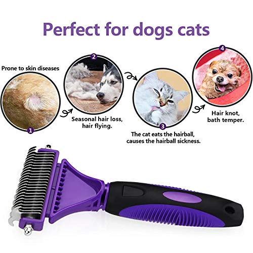 Dog Dematting Tool - Dematting Comb with 2 Sided Undercoat Rake for Cats & Dogs Safe Grooming Rake Tool for Easy Mats & Tangles Removing No More Nasty Shedding and Flying Hair (Purple) PURPLE - BeesActive Australia