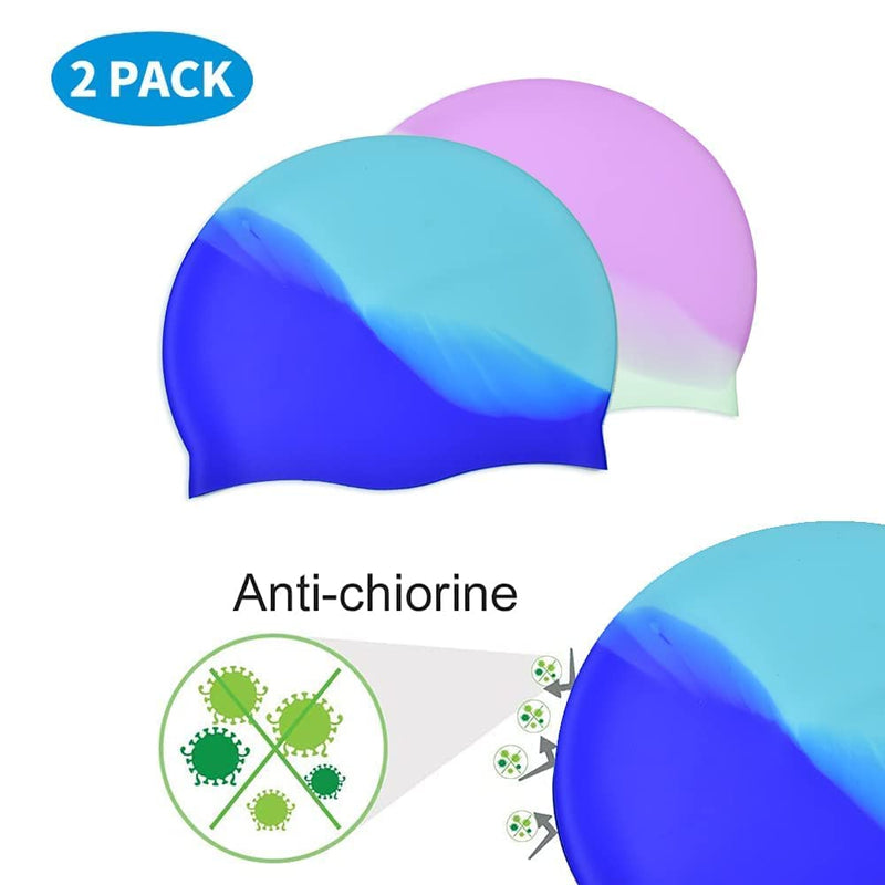 (2 Pack) ZmZmBay Swim Caps for Long Hair , Durable Silicone Swimming Caps for Women Men Adults Youths Kids, Multi Color and Waterproof Bathing Cap,Easy to Put On and Off - BeesActive Australia