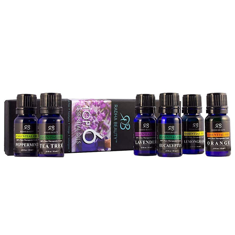 Radha Beauty Top 6 Essential Oils Gift Set (Lavender, Tea Tree, Eucalyptus, Lemongrass, Orange, Peppermint) - Pure & Natural Oils for Aromatherapy, Diffusers, Skin and Hair Care - BeesActive Australia