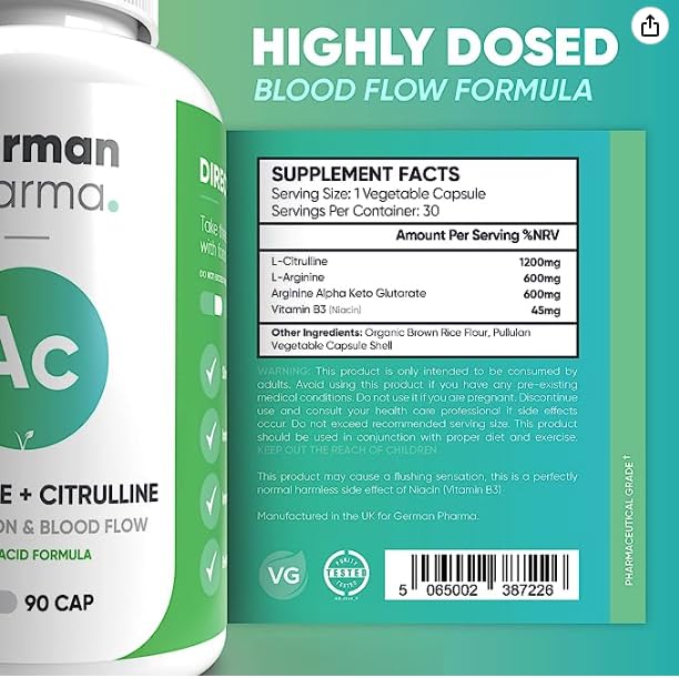 L-Arginine & Citrulline 1845mg Capsules | High Strength Dose | German Pharma | 90 Vegetable Capsules | Enhance Vascularity, Performance & Recovery | UK Manufactured | 100% Vegan | - BeesActive Australia