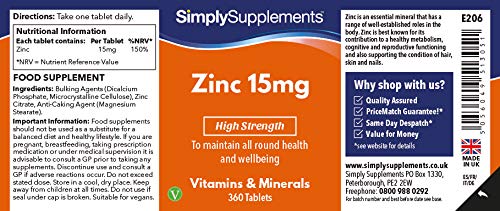 Zinc Tablets 15mg | High Strength Zinc Supplement Provides 150% NRV | Vegan & Vegetarian Friendly | Support for Immune System, Hair & Fertility | 360 Tablets | Manufactured in The UK - BeesActive Australia