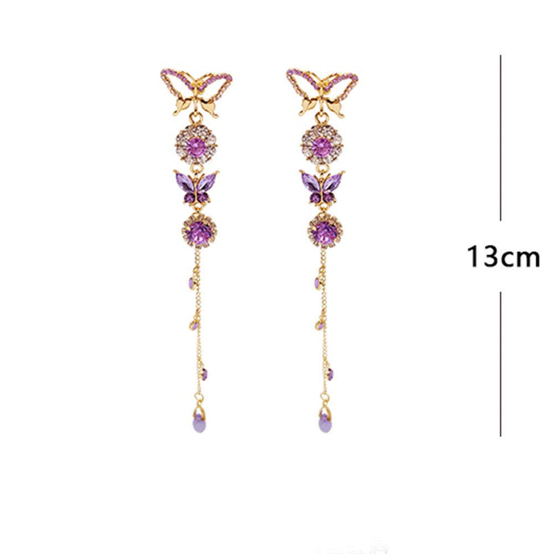 Xerling Charm Purple Crystal Butterfly Tassel Earrings Long Rhinestones Dangle Drop Earrings Delicate Butterflies Jewelry Wedding Bridal Accessories - BeesActive Australia