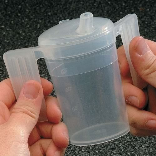Two Handled Plastic Feeding Cup with SPOUT Adult Feeder Beaker Disability Drinking AIDS - Pack of 1 - Wide spout - BeesActive Australia
