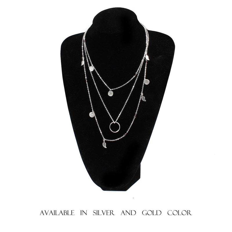 Artmiss Leaf Layered Necklace Boho Gold Coin Sequins Pendant Necklace Tassel Long Chain for Women (Silver) Silver - BeesActive Australia