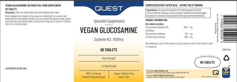 Quest Glucosamine Sulphate KCL For Joint Support & Health, 1500mg High Strength Vegan Glucosamine Complex Supplements. Great For Senior Health, Elderly, Active Life & Athletes. (60 Capsules) - BeesActive Australia