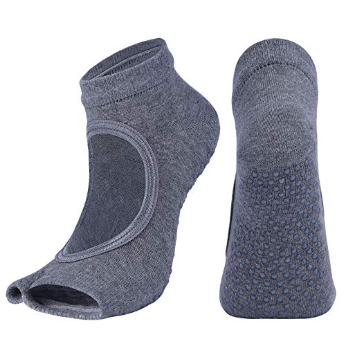 2 Pairs Open Toe Yoga Socks for Women Non Slip Grip Sock for Pilates Sports Grey and Black - BeesActive Australia