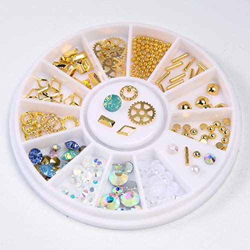 Minejin Nail Art 3D Rivet Metal Studs Mixed Charms Rhinestones Set with Acrylic Shiny Gems Decoration 9 Boxes Kit - BeesActive Australia