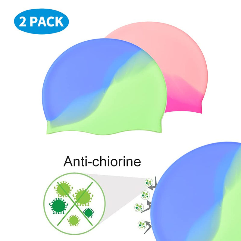 ZmZmBay Swim Caps for Long Hair (2 Pack), Durable Silicone Swimming Caps for Women Men Adults Youths, Easy to Put On and Off, Multi Color and Waterproof Bathing Cap - BeesActive Australia