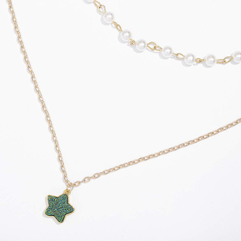 Zehory Boho Star Layered Necklace Gold Crystal Pendant Necklaces Pearl Green Rhinestone Necklace Chain for Women and Girls (Green) - BeesActive Australia