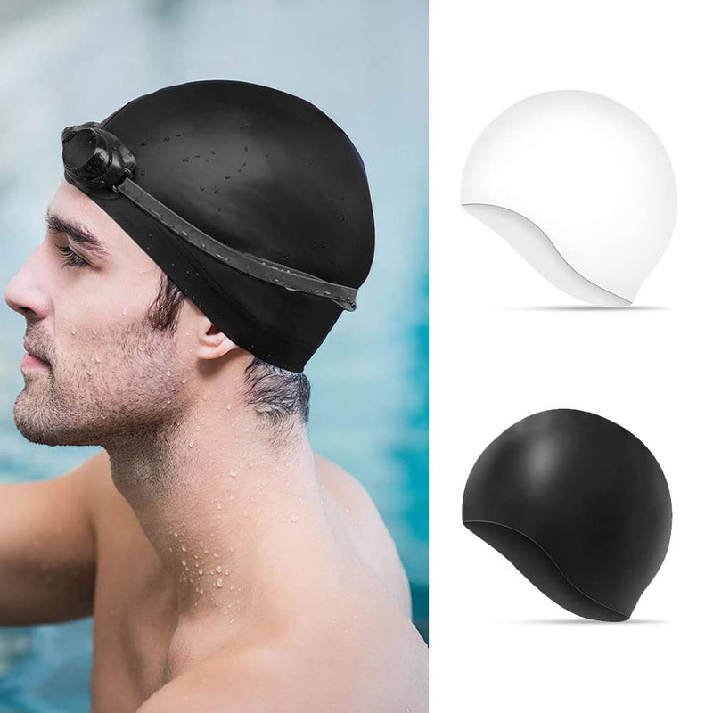 2 Pack Unisex Swim Caps Waterproof Silicone Swimming Caps Durable Elastic Non-Slip Bathing Swimming Pool Caps with Ear Plugs & Nose Clips for Women Men Adults Boys Girls Black&White - BeesActive Australia