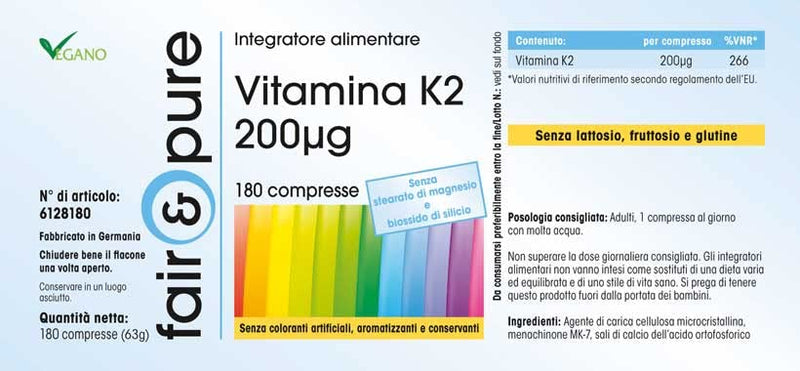 Fair & Pure� - Vitamin K2 200mcg, Vegan, high dose Natural menaquinone MK-7, MK7, Without Magnesium Stearate, 180 Vitamin K2 Tablets - BeesActive Australia