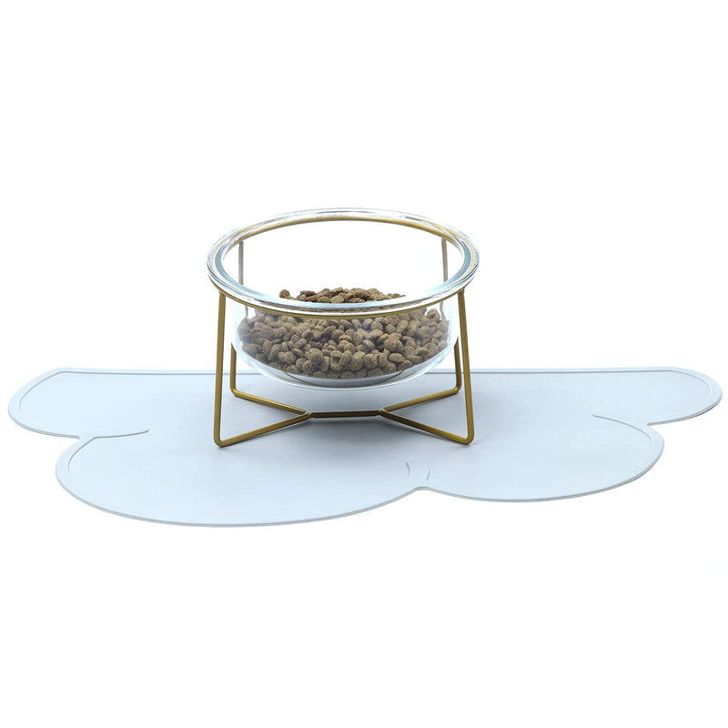 Glass Raised Cat Bowls or Small Dog Dishes with Gold Metal Stand,Anti Vomiting Tilted Transparent Pet Bowl, Elevated Food or Water Bowl Set with Grey Silicon Clouds Waterproof Mat 1 x 20oz bowl+1 mat - BeesActive Australia