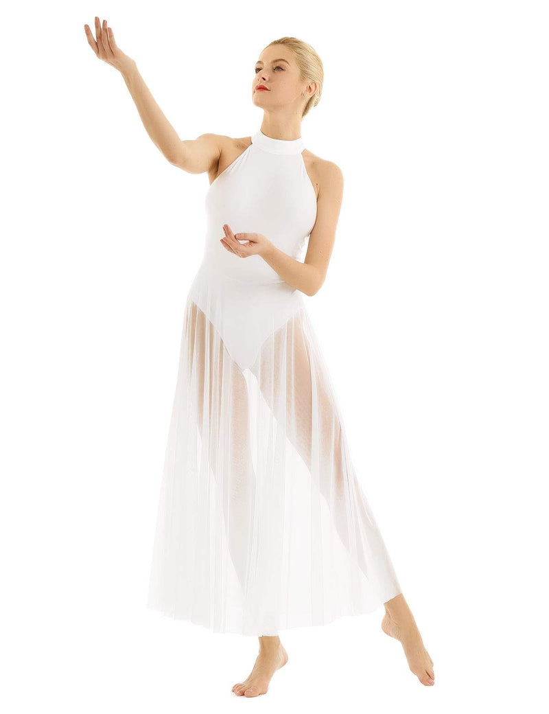 [AUSTRALIA] - ACSUSS Lyrical Women Adult Mock Neck Dance Dress Ballet Leotard Flowy Maxi Skirt White Small 