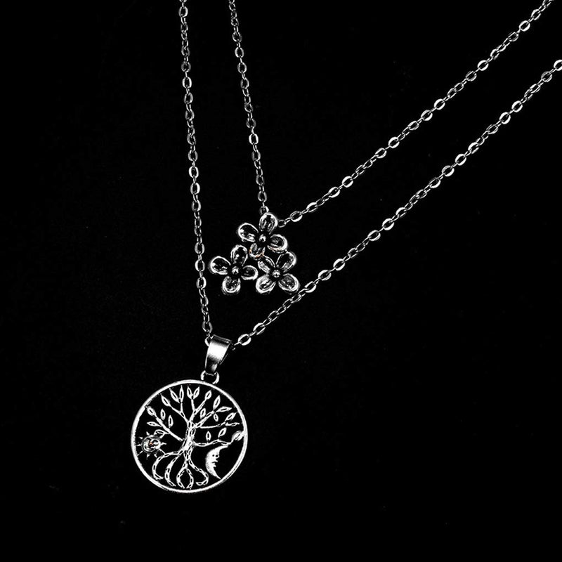 Yalice Boho Layered Pendant Necklace Chain Life of Tree Necklaces Silver Flower Pendant Necklaces Jewelry for Women and Girls - BeesActive Australia