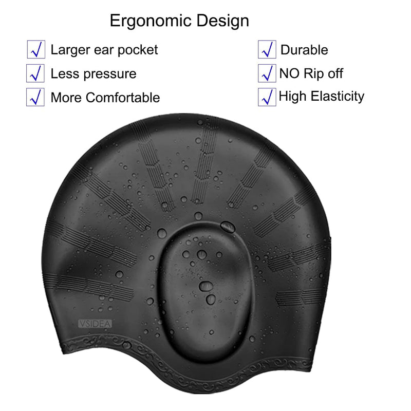 Vsidea Silicone Swim Cap (2pack),Ear Protection 3D Ergonomic Design Waterproof Bathing Solid Swimming Cap Ear Cover Pockets Comfortable for Adult Men Women Long Hair Black+Blue - BeesActive Australia