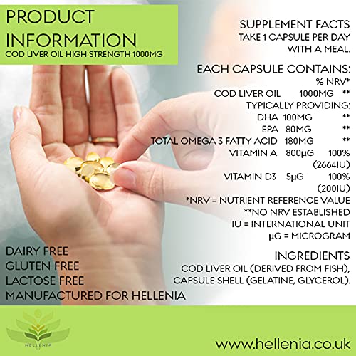 Hellenia Cod Liver Oil Capsules High Strength 1000mg | 360 Fish Oil Capsules - One Year Supply | Rich Source of Omega 3 Essential Fatty Acids - BeesActive Australia
