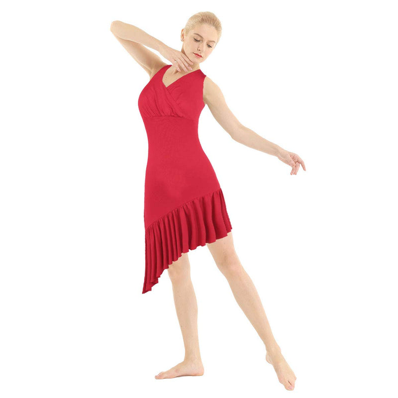 [AUSTRALIA] - TiaoBug Women's Latin Dance Dress Sleeveless V-Neck Ruffled Asymmetric Dancing Costume Red X-Large 