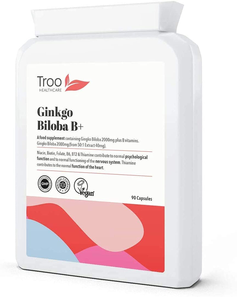 Troo Ginkgo Biloba B Plus Supplement 2000mg - 90 Capsules - High Strength Vegan Friendly capsules with added Vitamin B Complex for Heart , Circulation , Nervous System and Brain Support - UK Made - BeesActive Australia