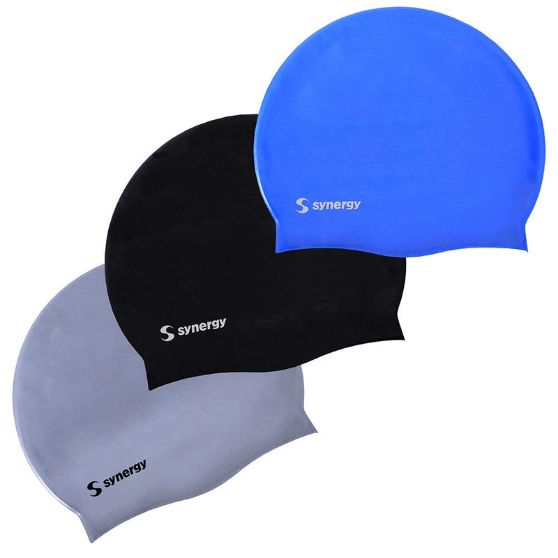 [AUSTRALIA] - Synergy Silicone Swim Caps 3-Pack Black-Blue-Silver SL 3-Pack 