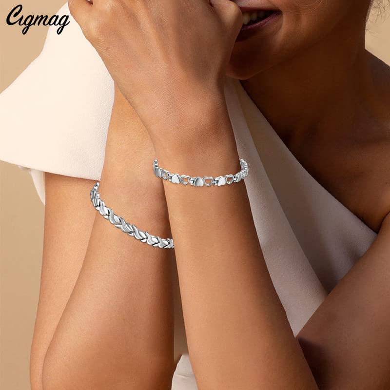 Cigmag 2PCS Magnetic Bracelets for Women Ultra Strength Magnet Titanium Steel Magnetic Brazaletes Set with Adjustable Tool and Gift Box for Mother's Day (Silver Fishtail & Love) 2pcs Silver Fishtail & Love - BeesActive Australia