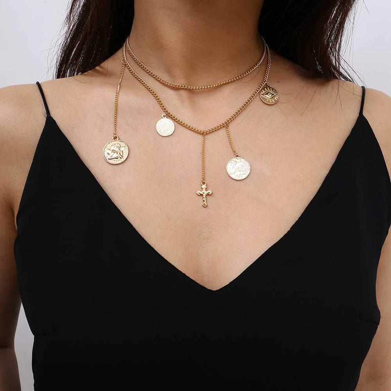 Jovono Multilayered Necklaces Cross Coin Pendant Necklace Chain Jewelry for Women and Girls (Gold) Gold - BeesActive Australia