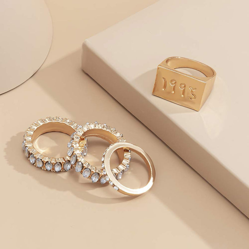 Wekicici 4pcs Gold Rinestones Rings Set 1995 Signet Rings for Women and Girls Statement Jewelry - BeesActive Australia